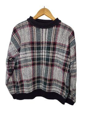 Hunt Club Vintage 80s Mens Thick Plaid Cotton Sweater L Academia Cabincore Golf